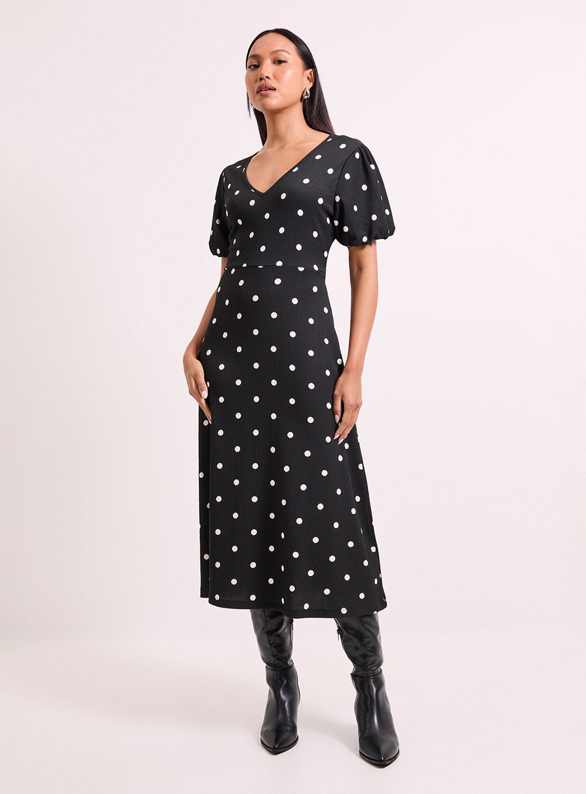 WALLIS Black Spot Print Jersey V Neck Midi Tea Dress 12 - Image 1 thumbnail