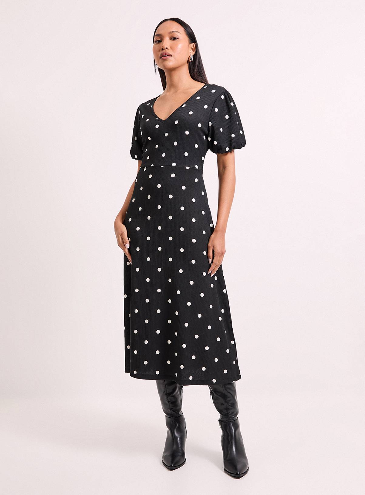 WALLIS Black Spot Print Jersey V Neck Midi Tea Dress 12 - Image 1