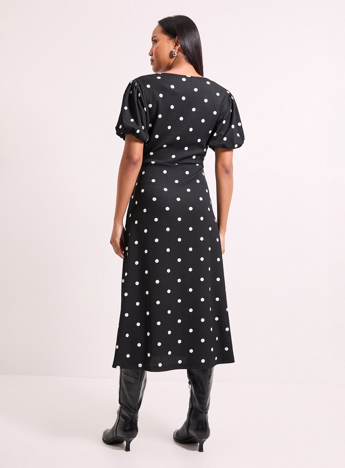 WALLIS Black Spot Print Jersey V Neck Midi Tea Dress 12 - Image 3 thumbnail