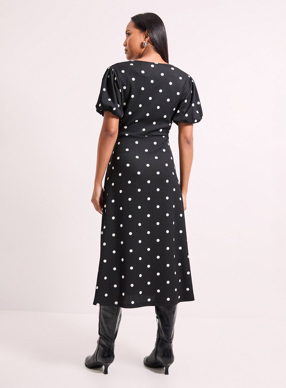 WALLIS Black Spot Print Jersey V Neck Midi Tea Dress 12 - Image 3