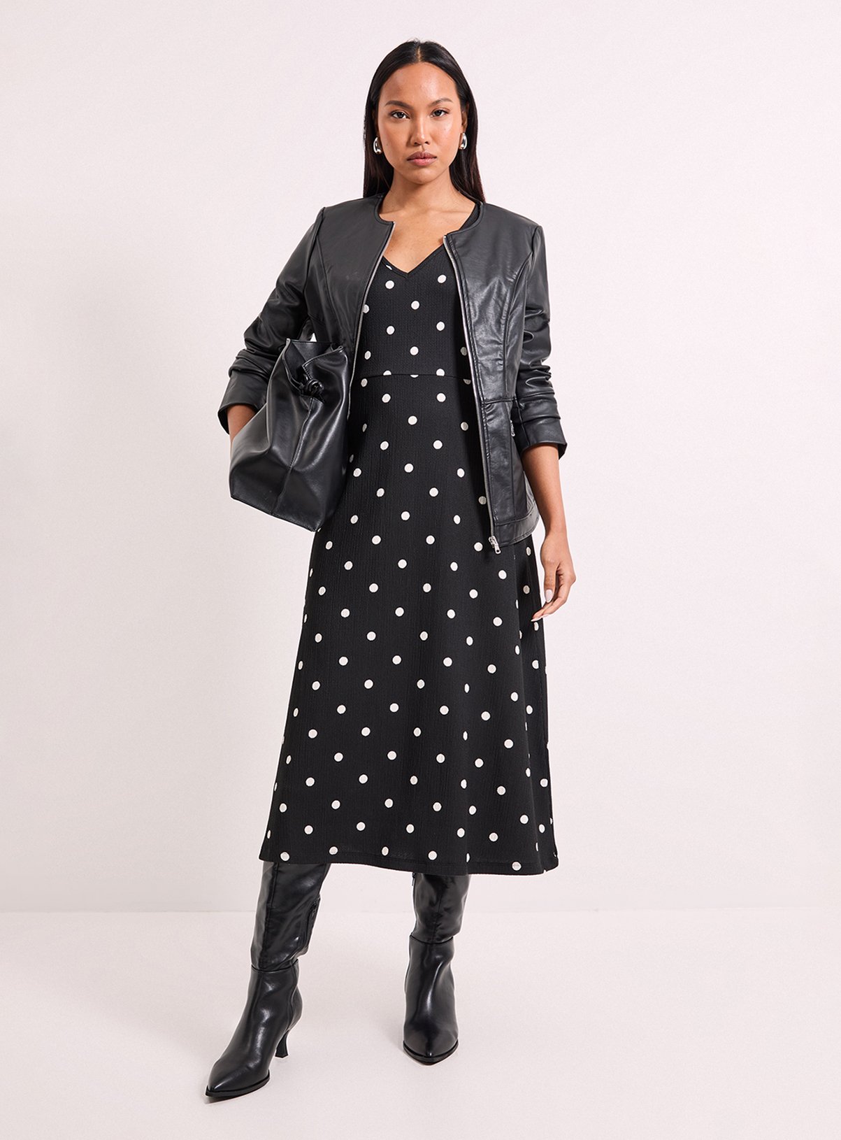 WALLIS Black Spot Print Jersey V Neck Midi Tea Dress 12 - Image 4 thumbnail