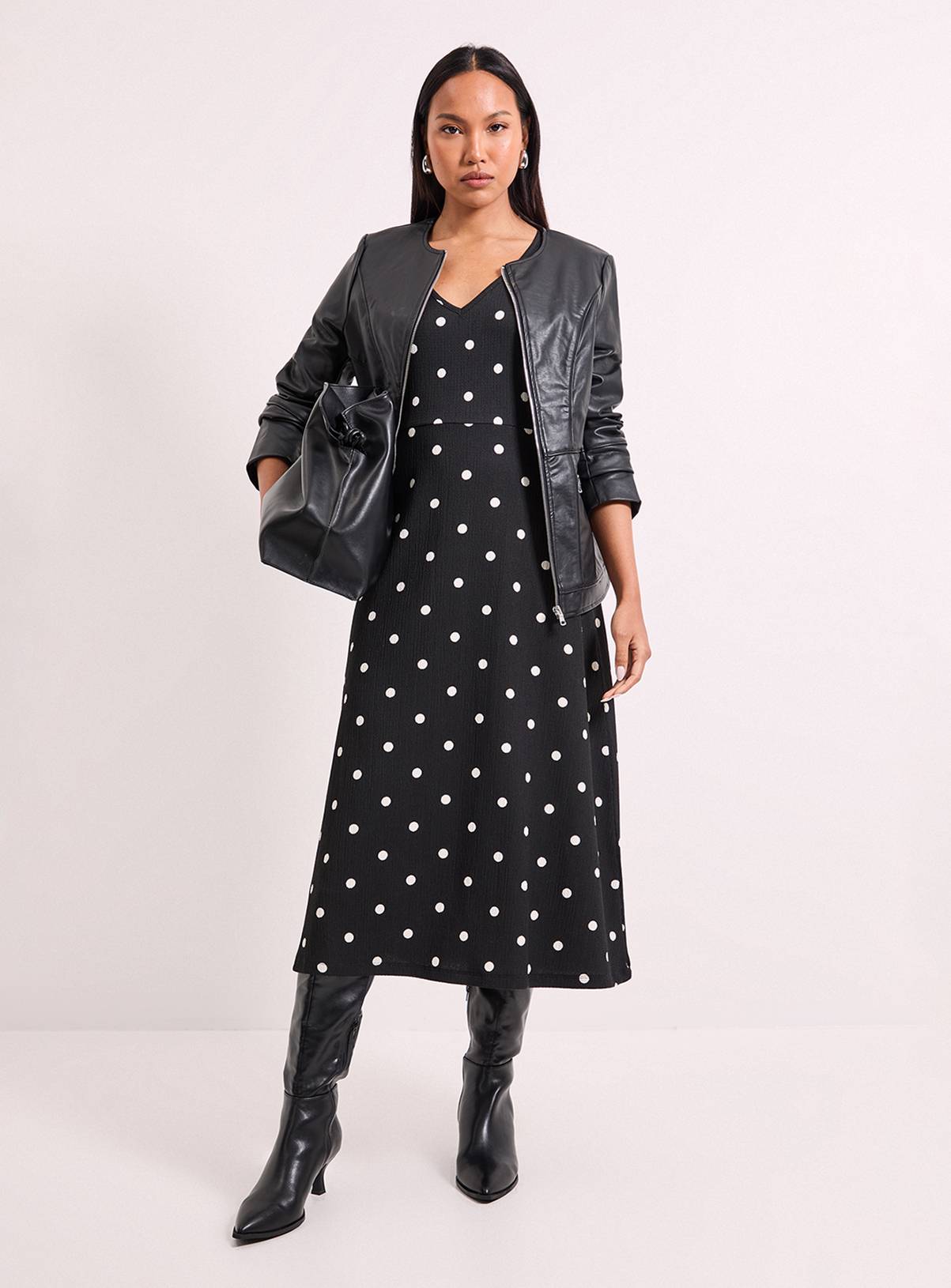 WALLIS Black Spot Print Jersey V Neck Midi Tea Dress 12 - Image 4