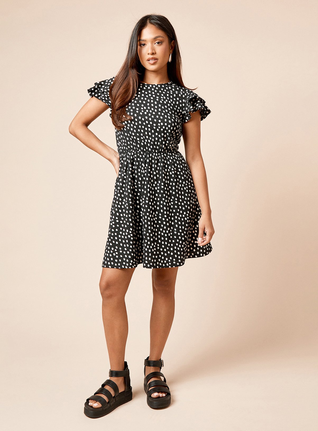DOROTHY PERKINS Petite Mono Double Angel Sleeve Polka Dot Mini Dress 12 - Image 2 thumbnail