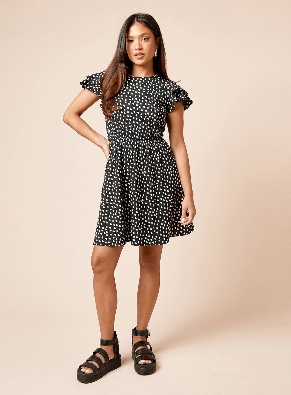 DOROTHY PERKINS Petite Mono Double Angel Sleeve Polka Dot Mini Dress 12 - Image 2