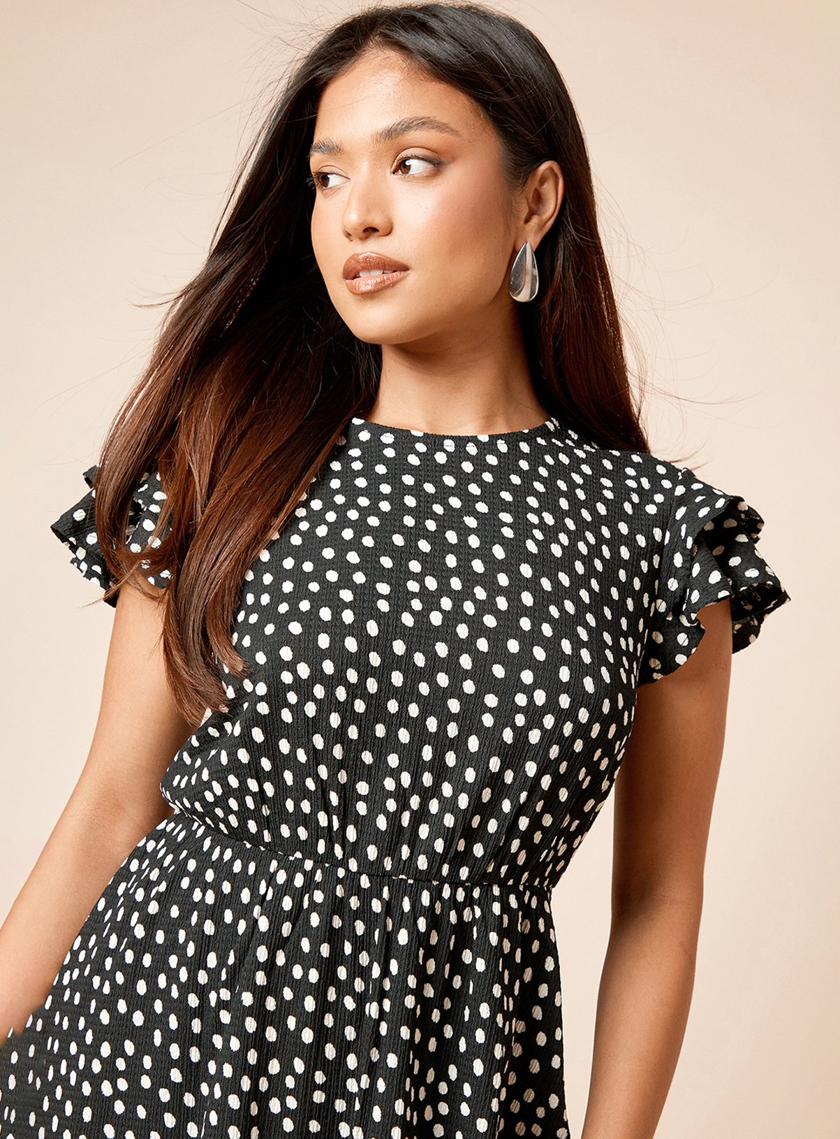 DOROTHY PERKINS Petite Mono Double Angel Sleeve Polka Dot Mini Dress 12 - Image 4 thumbnail