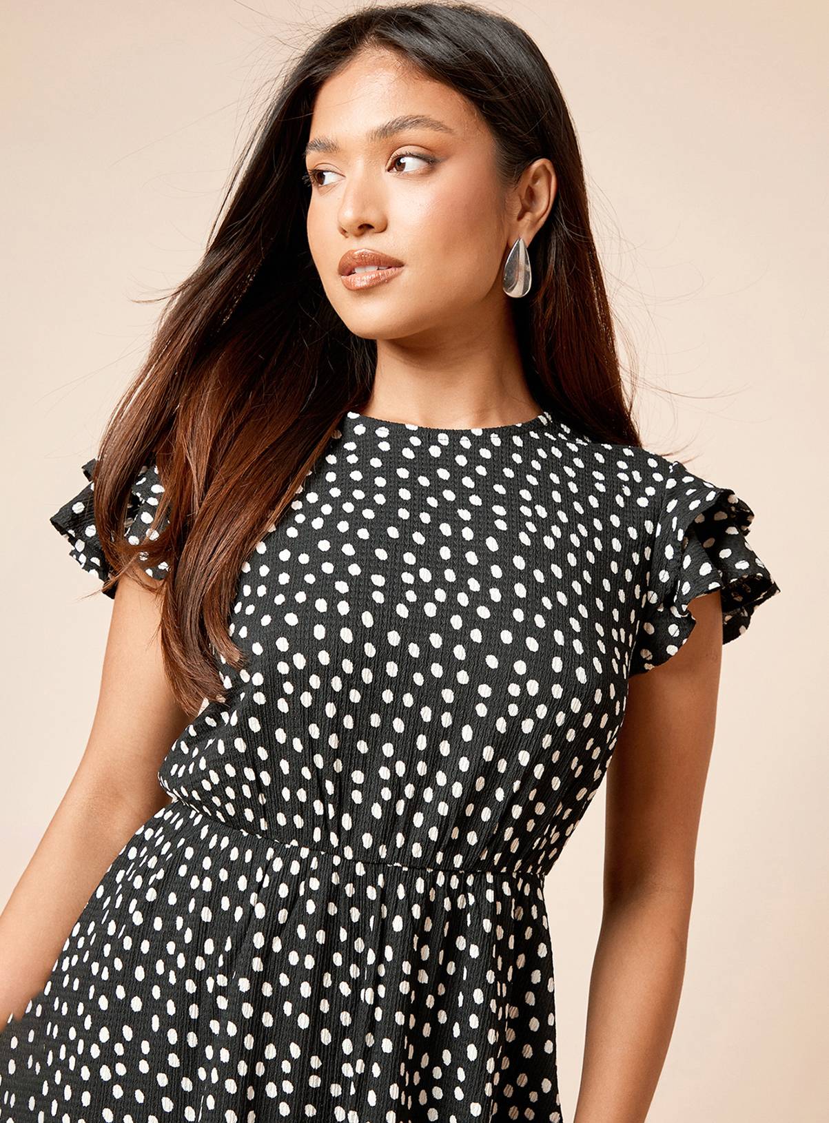 DOROTHY PERKINS Petite Mono Double Angel Sleeve Polka Dot Mini Dress 12 - Image 4