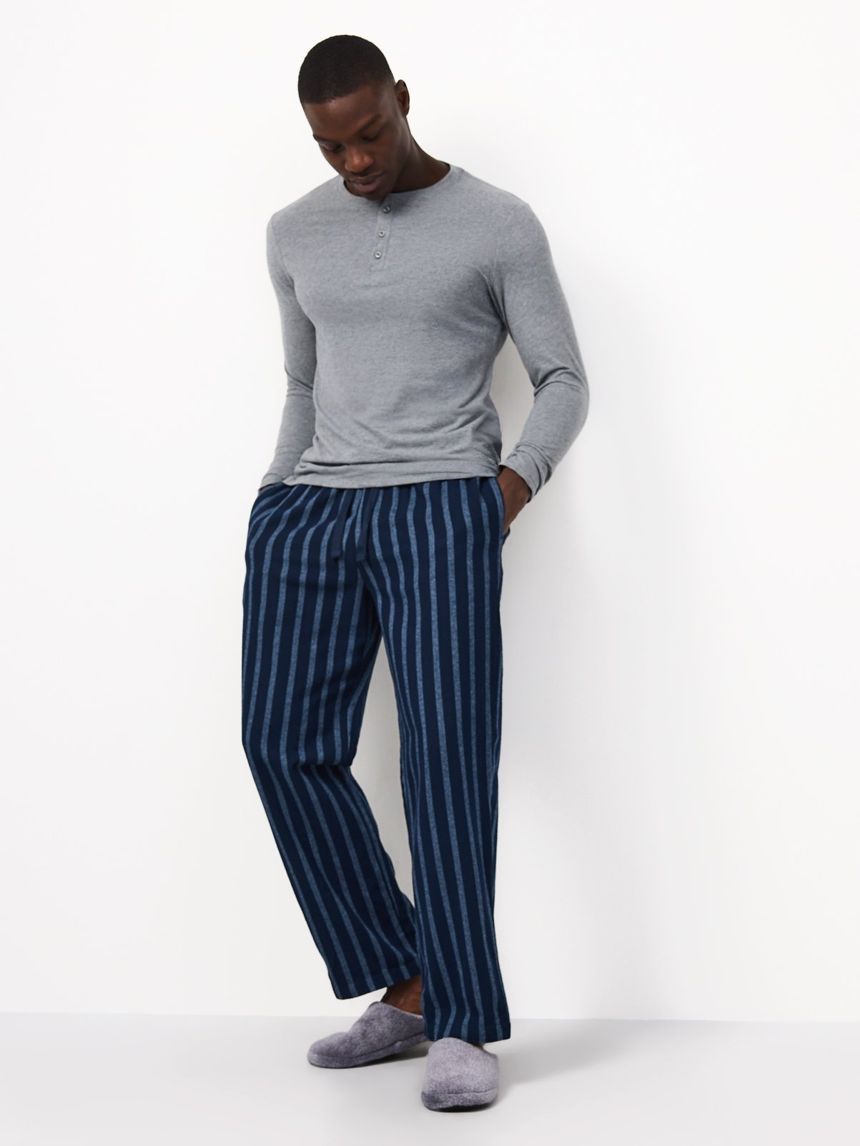 Grey Top & Navy Striped Bottoms Pyjama 2-Piece Set M - Image 2 thumbnail