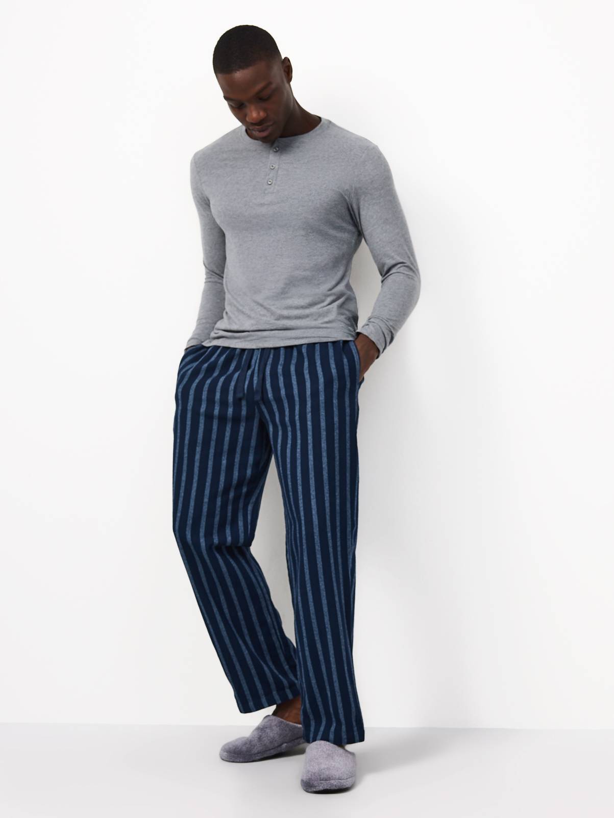 Grey Top & Navy Striped Bottoms Pyjama 2-Piece Set M - Image 2