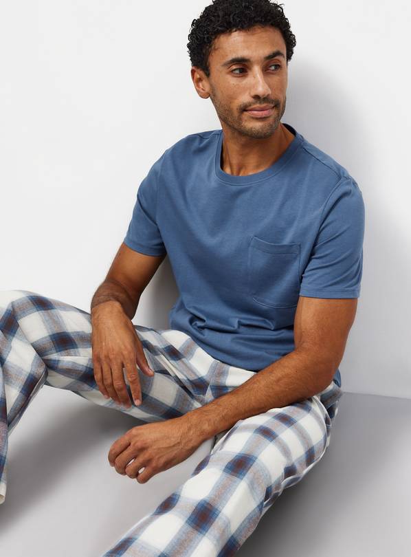 Blue Top & Check Pattern Bottoms Pyjama 2-Piece Set M