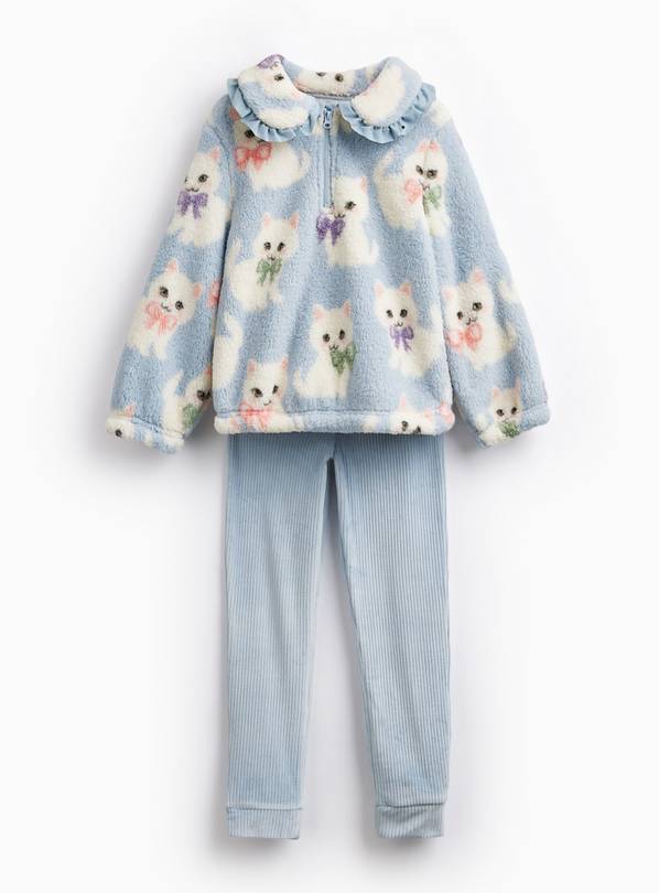 Borg Frill Collar Cat Print Pyjama Set 2-3 years