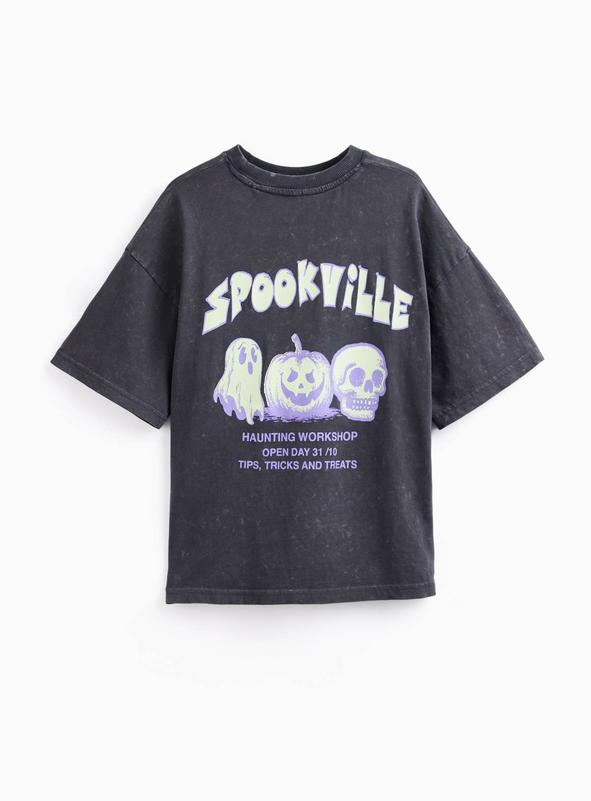 Grey Spookyville Graphic Acid Wash T-Shirt 3 years - Image 2