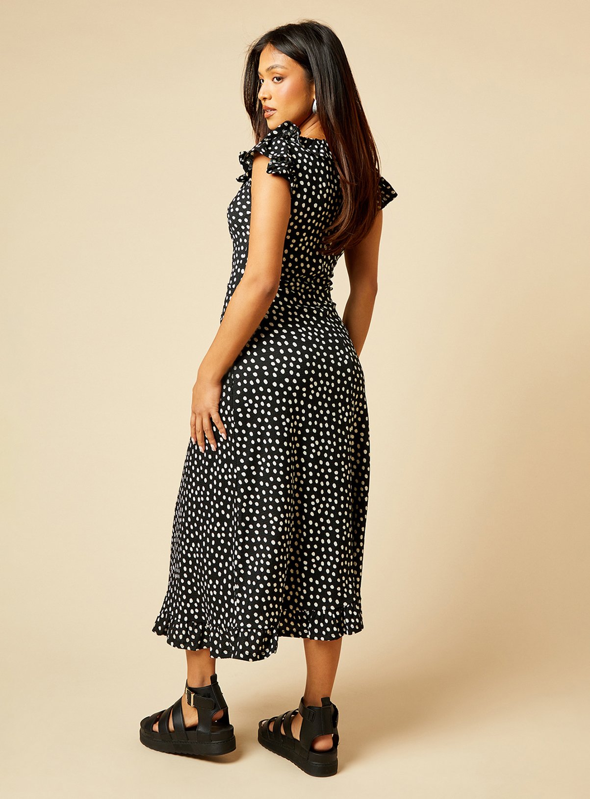 DOROTHY PERKINS Petite Mono Frill Neck Ruched Front Midi Dress 10 - Image 3 thumbnail