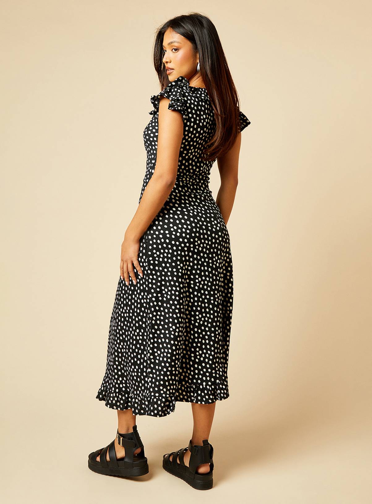 DOROTHY PERKINS Petite Mono Frill Neck Ruched Front Midi Dress 10 - Image 3