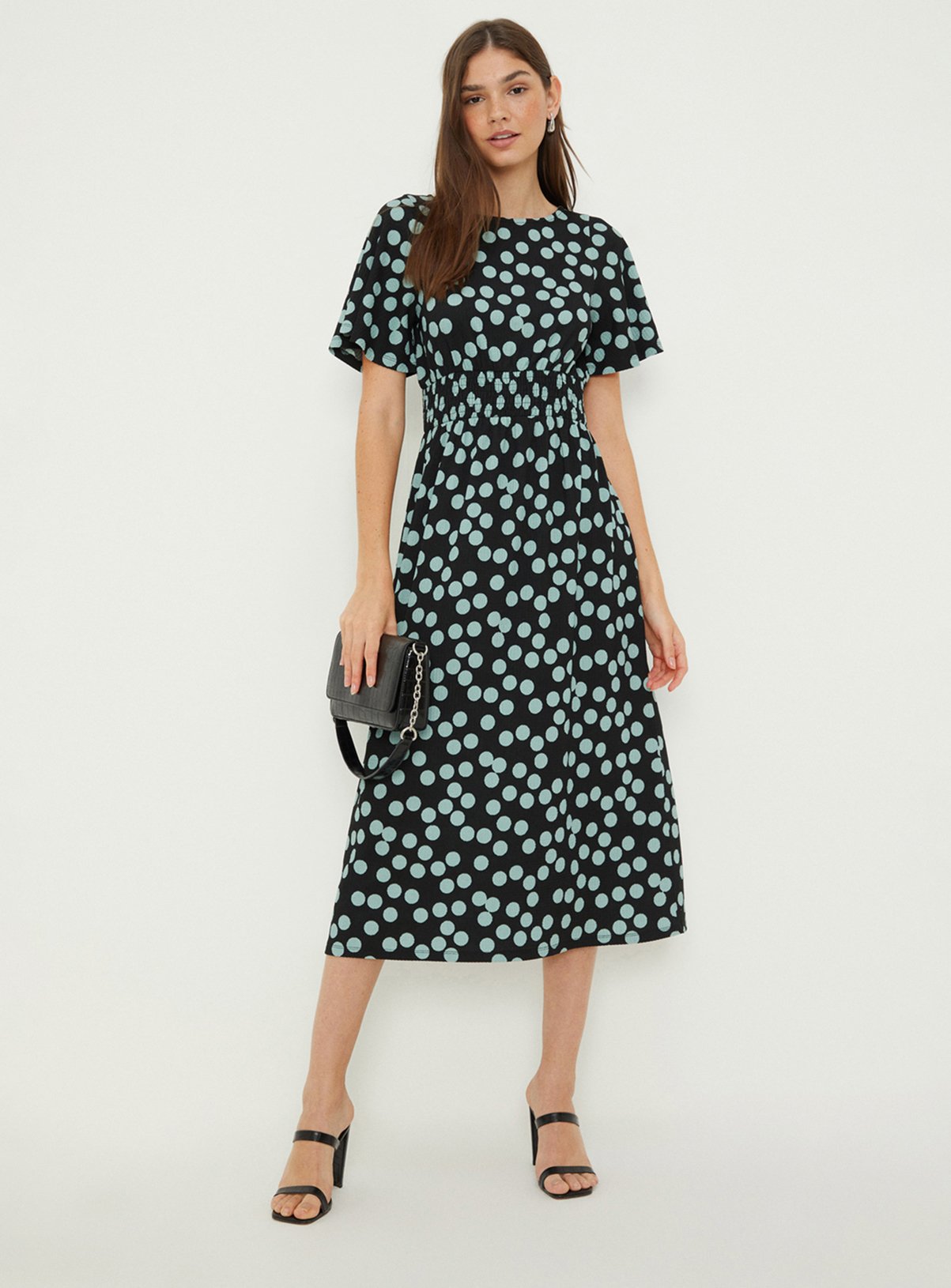 DOROTHY PERKINS Spot Shirred Waist Short Sleeve Midi Dress 12 - Image 1 thumbnail