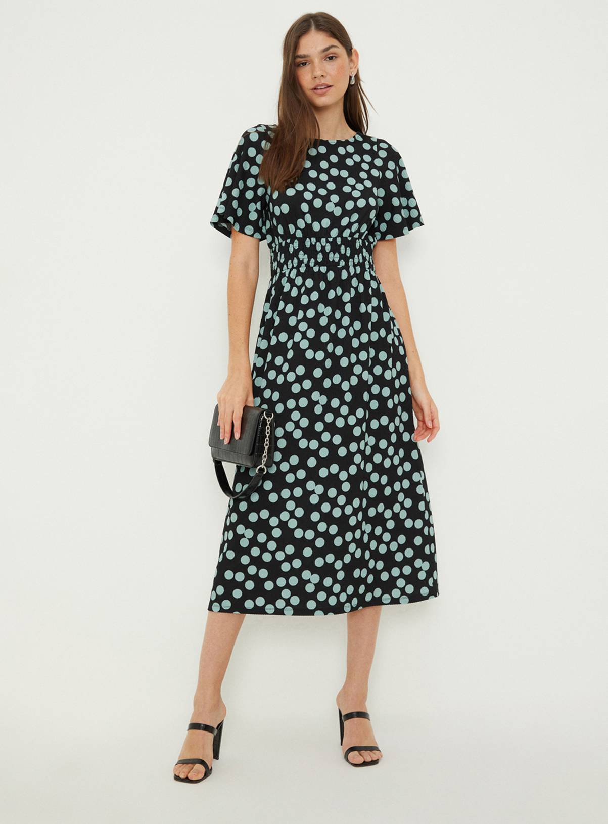 DOROTHY PERKINS Spot Shirred Waist Short Sleeve Midi Dress 12 - Image 1