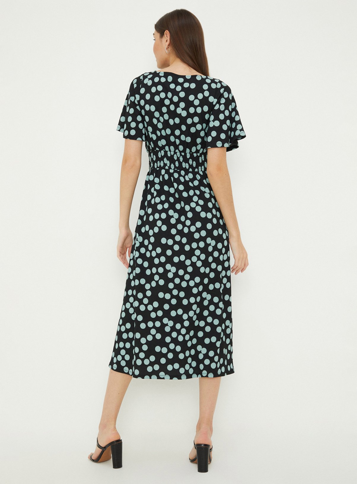 DOROTHY PERKINS Spot Shirred Waist Short Sleeve Midi Dress 12 - Image 3 thumbnail