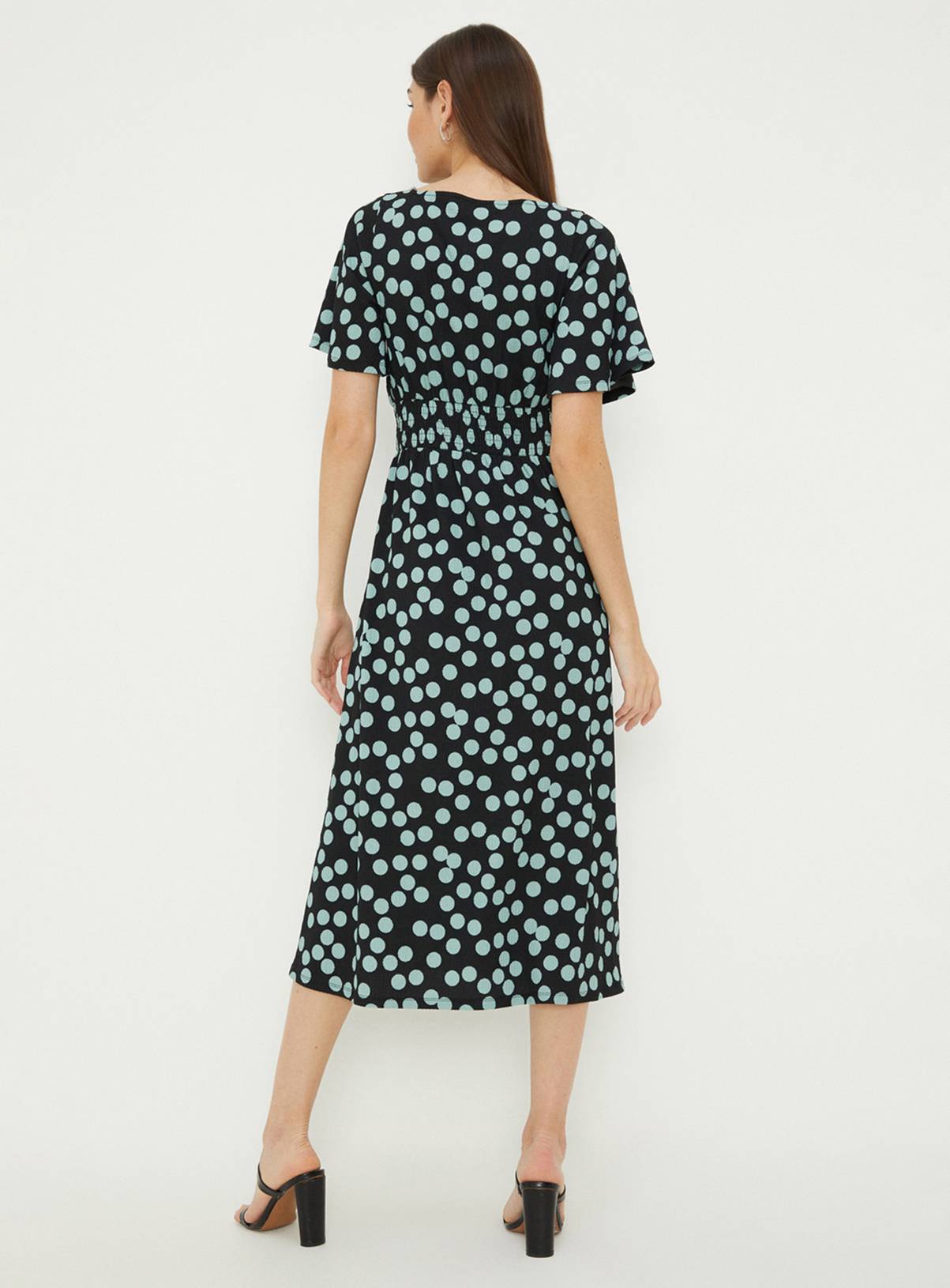 DOROTHY PERKINS Spot Shirred Waist Short Sleeve Midi Dress 12 - Image 3