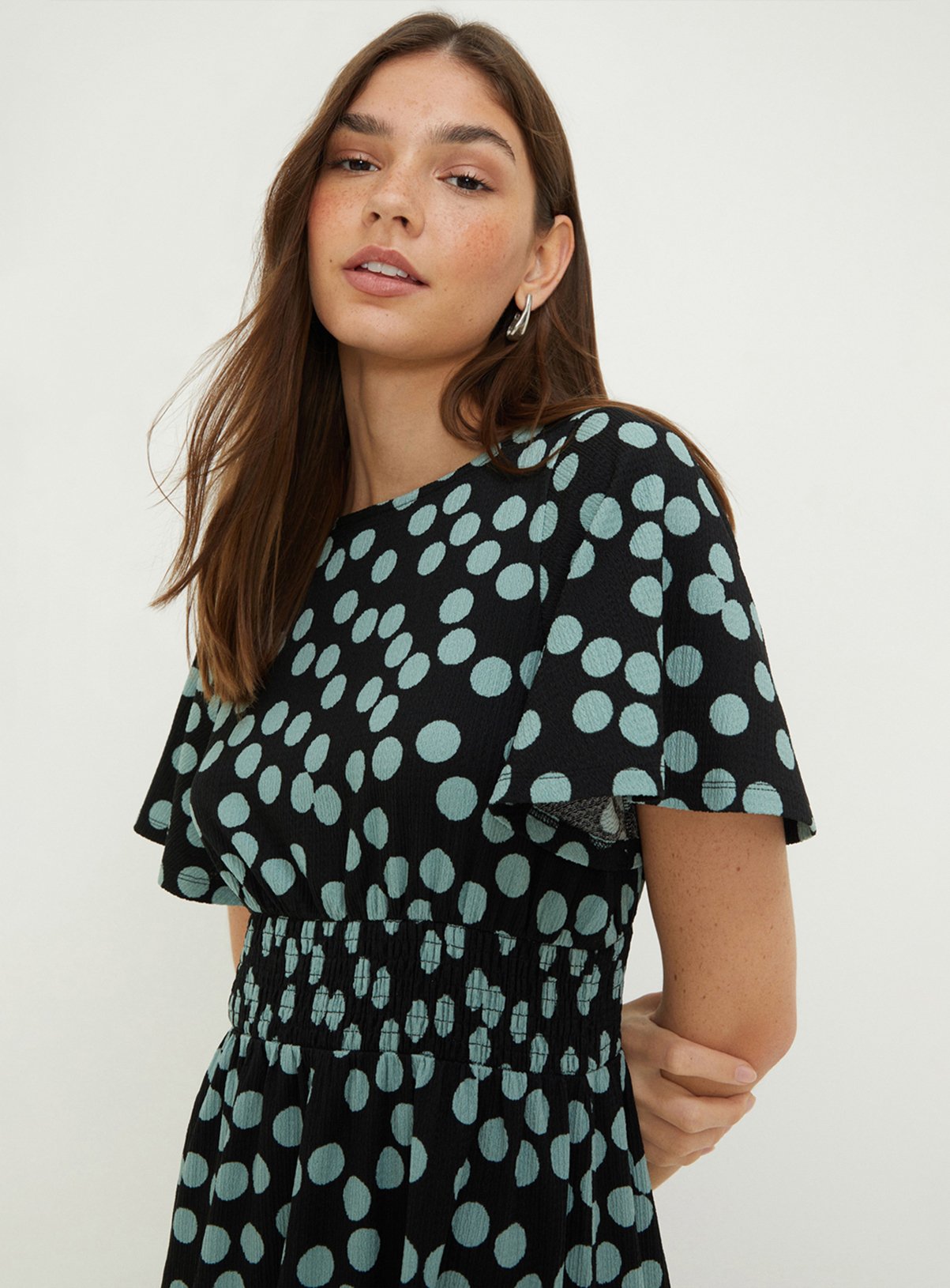 DOROTHY PERKINS Spot Shirred Waist Short Sleeve Midi Dress 12 - Image 4 thumbnail