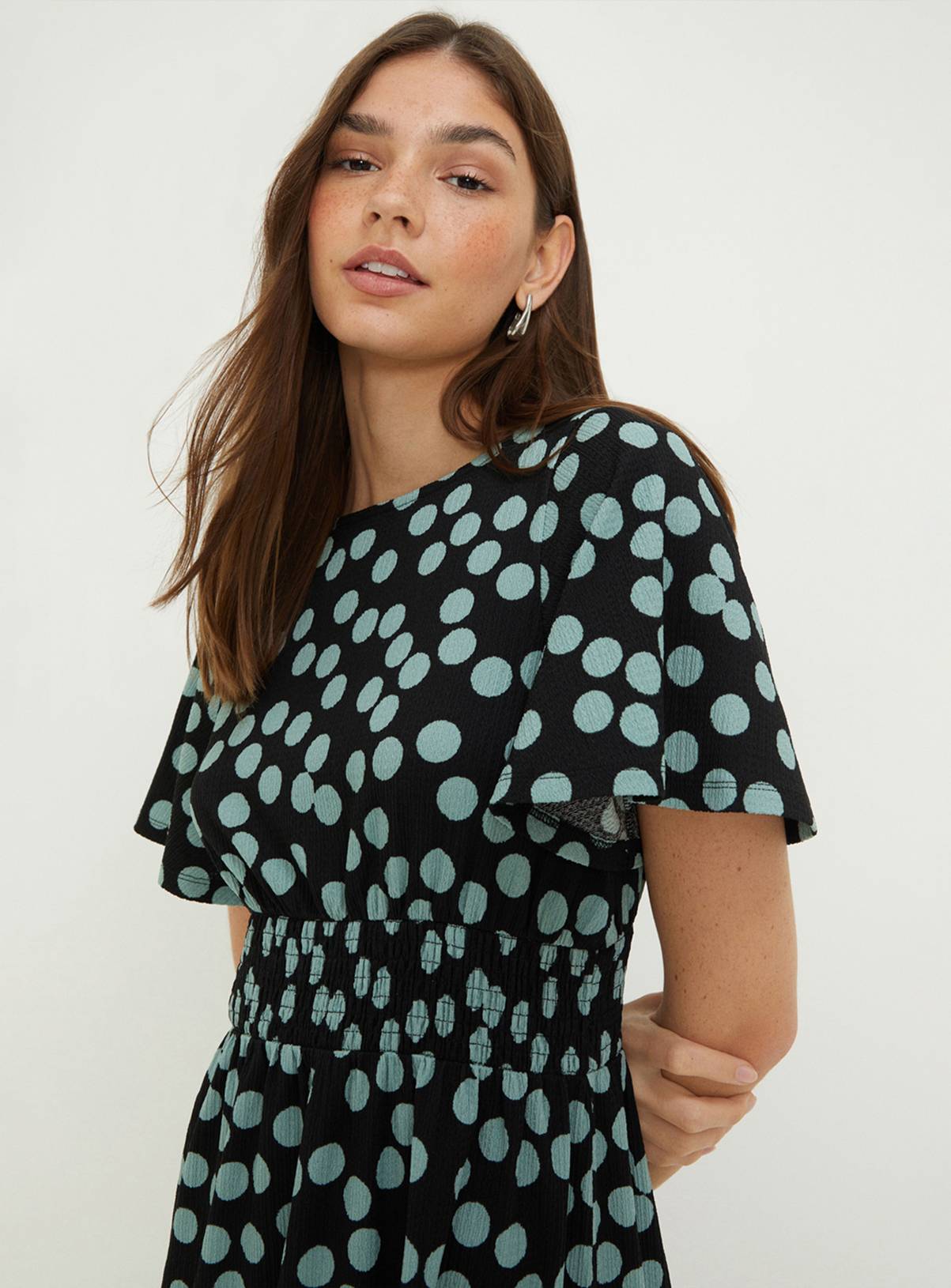 DOROTHY PERKINS Spot Shirred Waist Short Sleeve Midi Dress 12 - Image 4