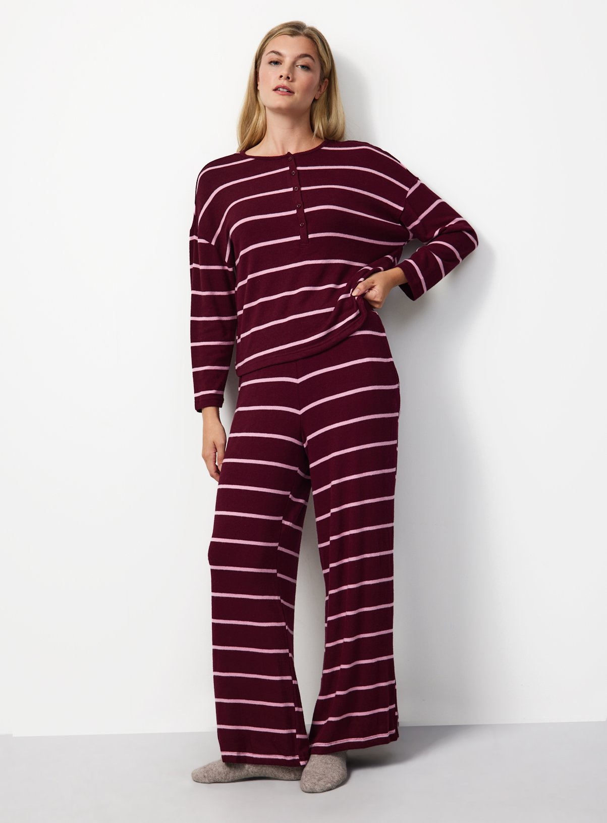 Burgundy & Pink Stripe Henley Co-ord Pyjama Top XXL - Image 2 thumbnail
