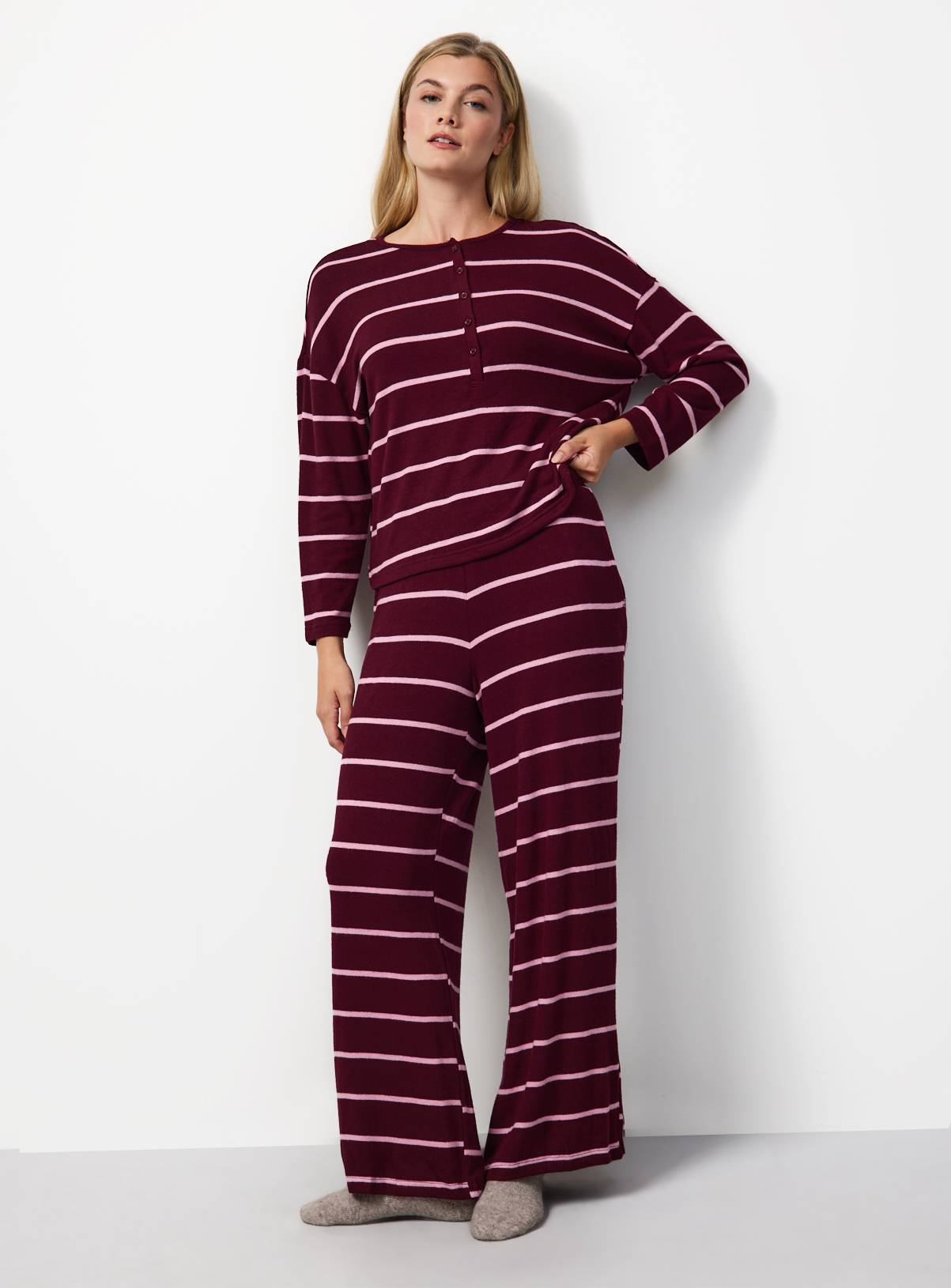 Burgundy & Pink Stripe Henley Co-ord Pyjama Top XXL - Image 2
