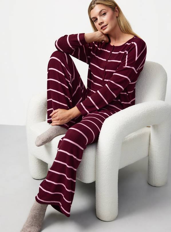 Burgundy & Pink Stripe Wide Leg Co-ord Pyjama Bottoms M