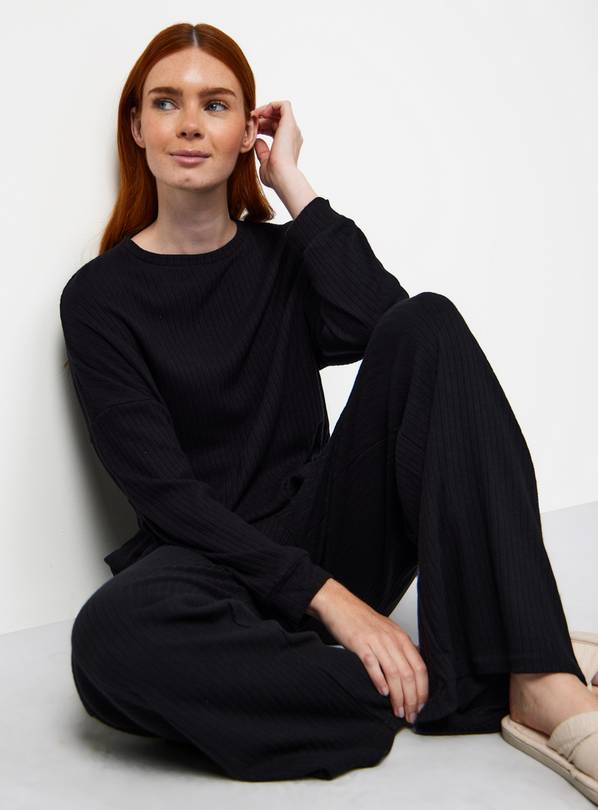 Black Long Sleeve Ribbed Pyjama Co-ord Top XL
