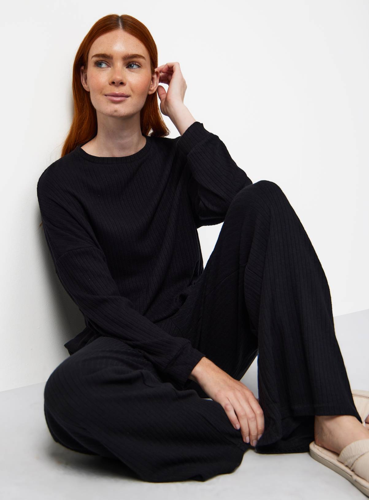 Black Long Sleeve Ribbed Pyjama Co-ord Top M - Image 1