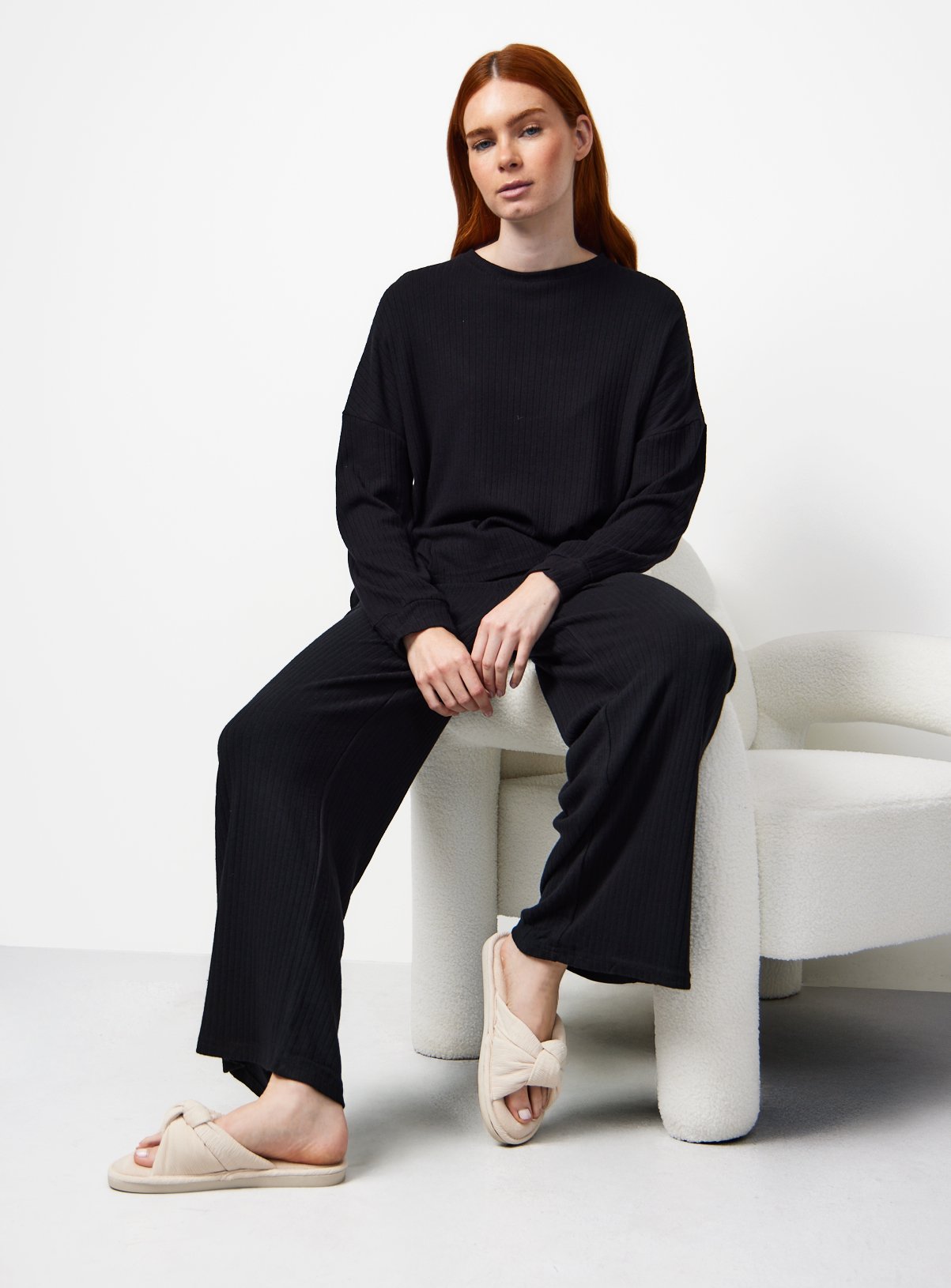 Black Long Sleeve Ribbed Pyjama Co-ord Top M - Image 2 thumbnail