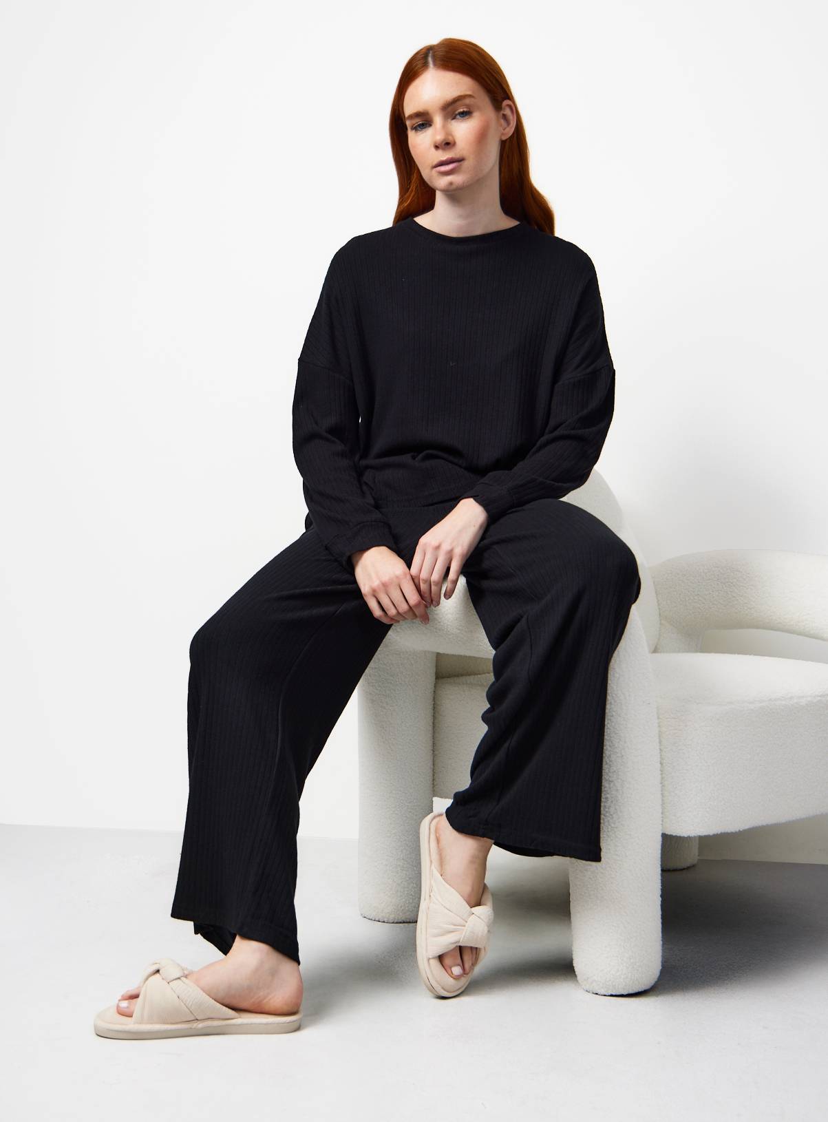 Black Long Sleeve Ribbed Pyjama Co-ord Top M - Image 2