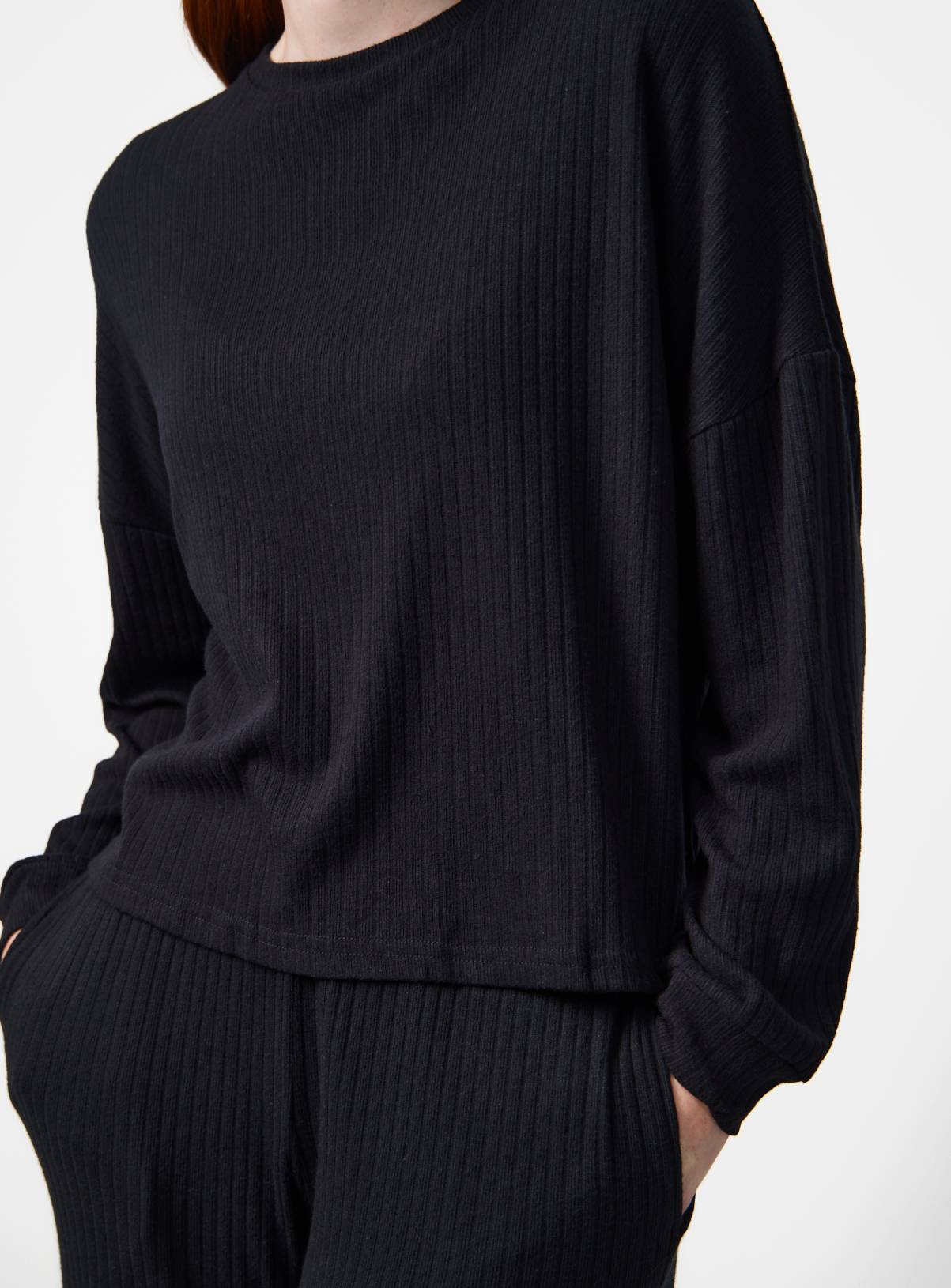 Black Long Sleeve Ribbed Pyjama Co-ord Top M - Image 3
