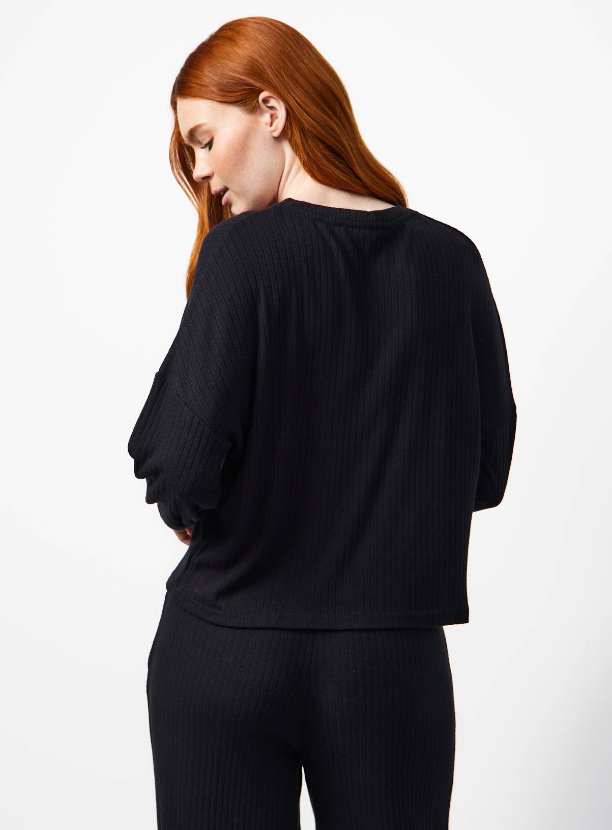 Black Long Sleeve Ribbed Pyjama Co-ord Top M - Image 4