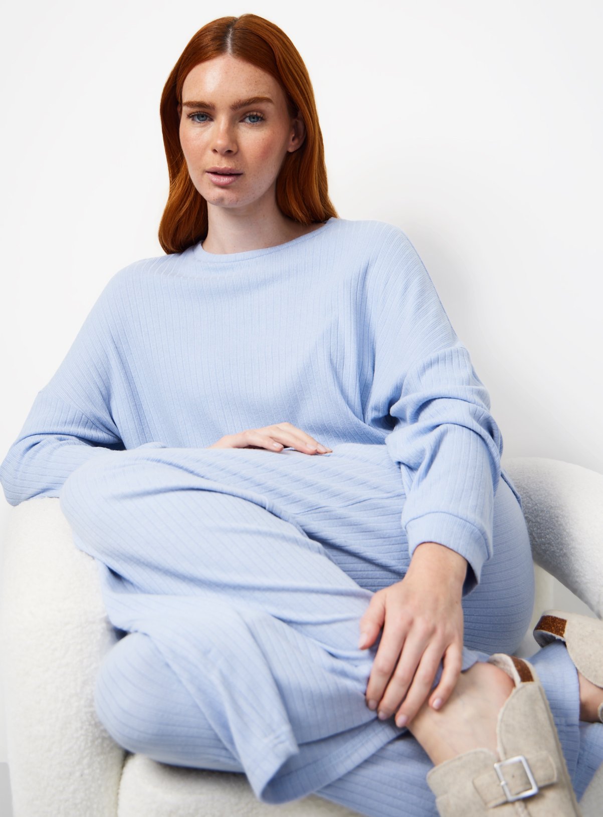 Blue Long Sleeve Ribbed Pyjama Co-ord Top S - Image 1 thumbnail