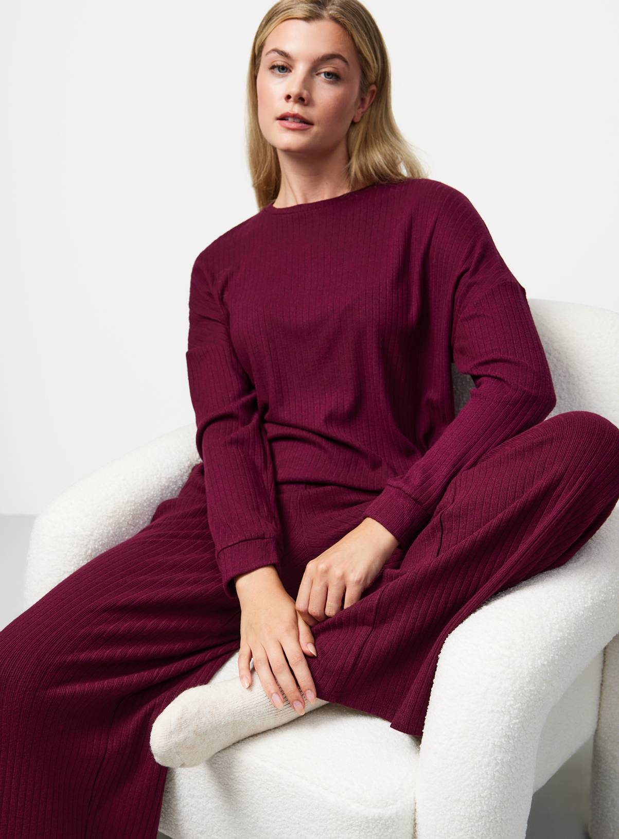 Burgundy Ribbed Long Sleeve Co-ord Pyjama Top XL - Image 1