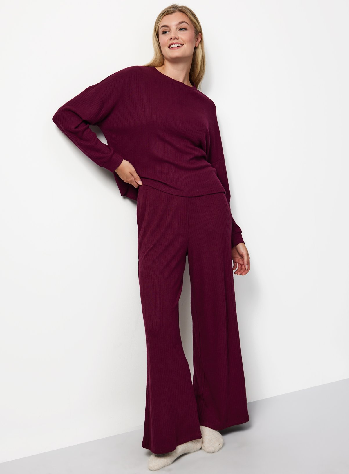 Burgundy Ribbed Long Sleeve Co-ord Pyjama Top XL - Image 2 thumbnail