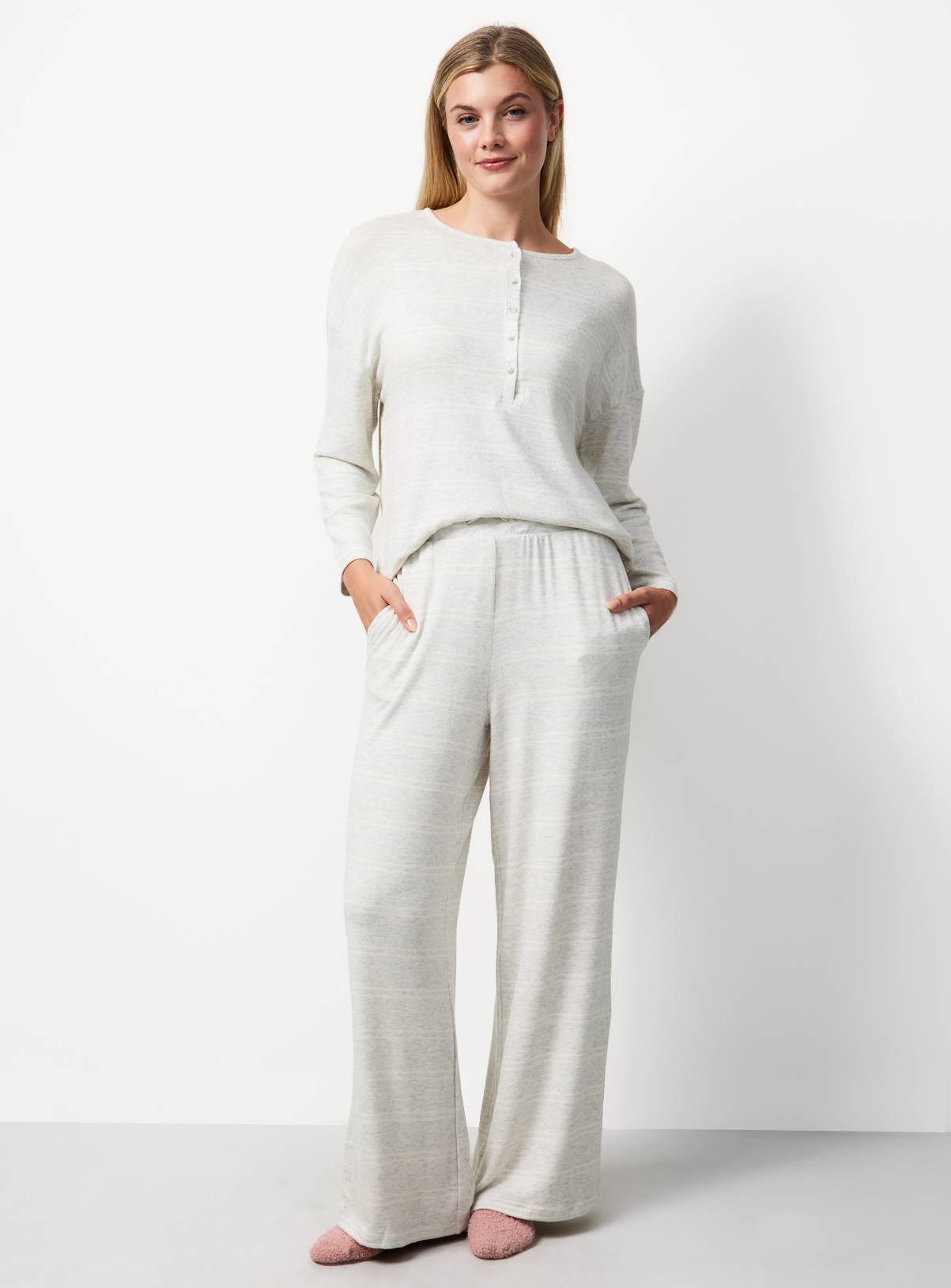 Grey & White Stripe Henley Co-ord Pyjama Top M - Image 2