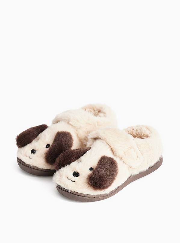 Cream Fluffy Dog Cupsole Slippers 10-11 Infant