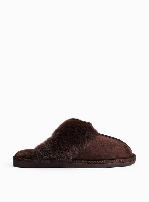Brown Faux Fur Trim Mule Slippers S