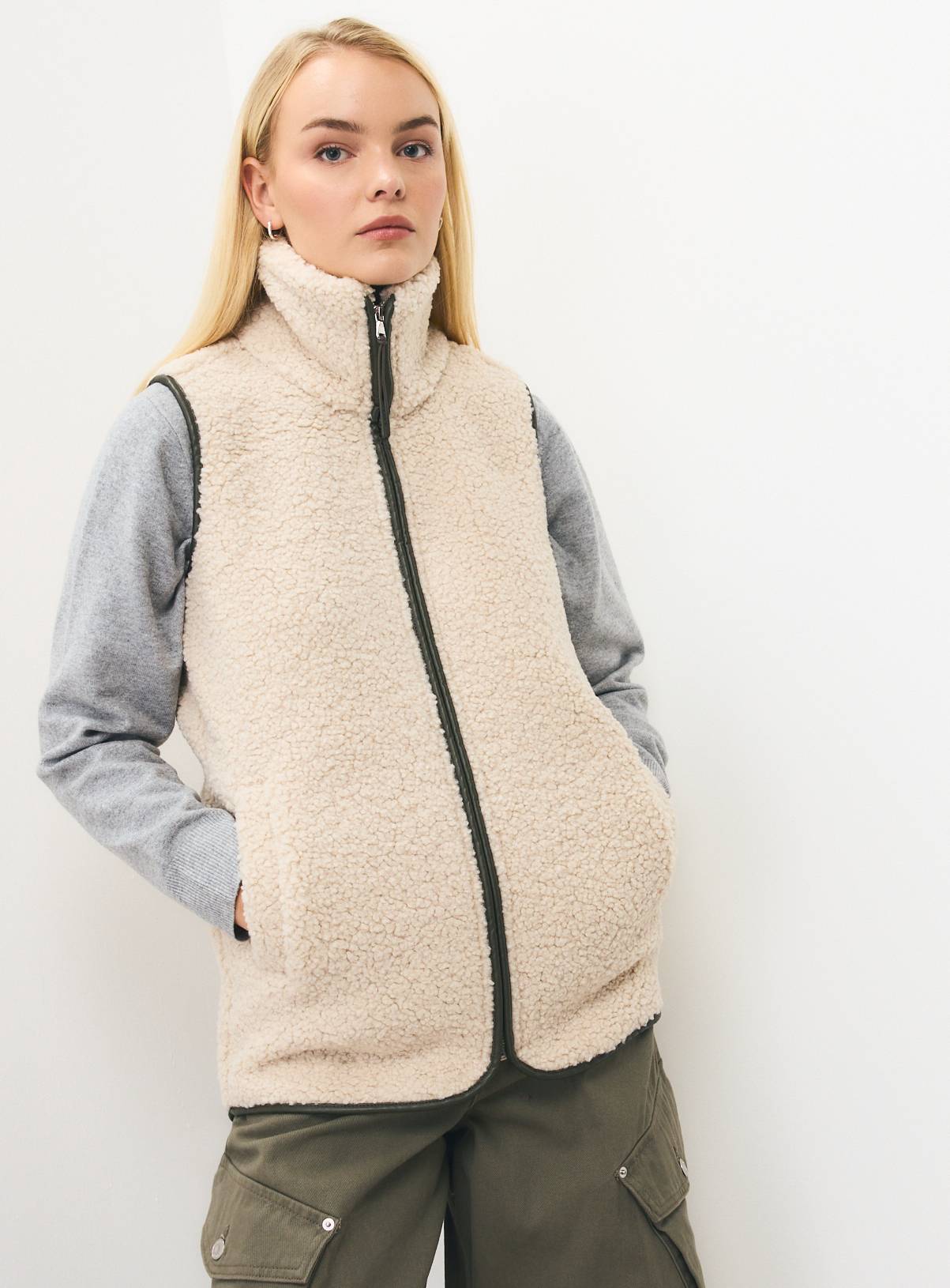Cream Borg Zip Through Gilet L - Image 2