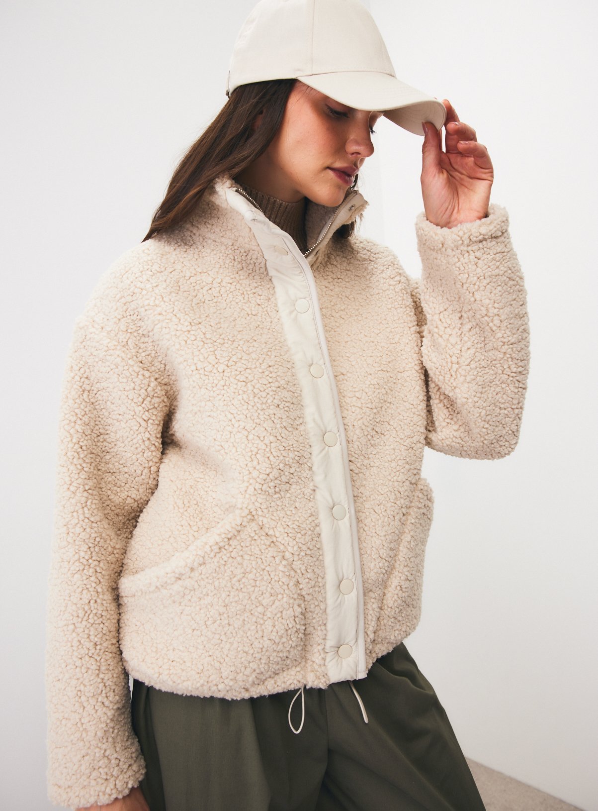  Cream Sporty Borg Popper Jacket XL - Image 1 thumbnail