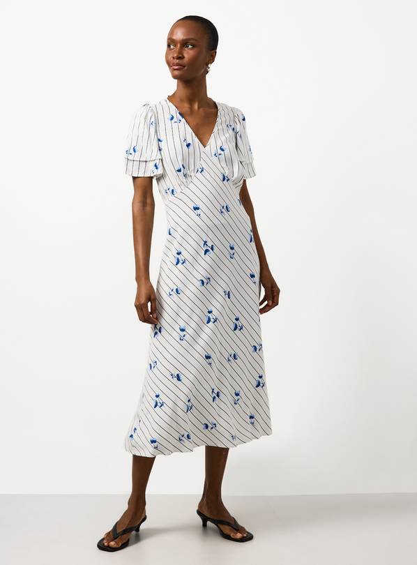 Blue Stripe Floral Print Midaxi Tea Dress 16