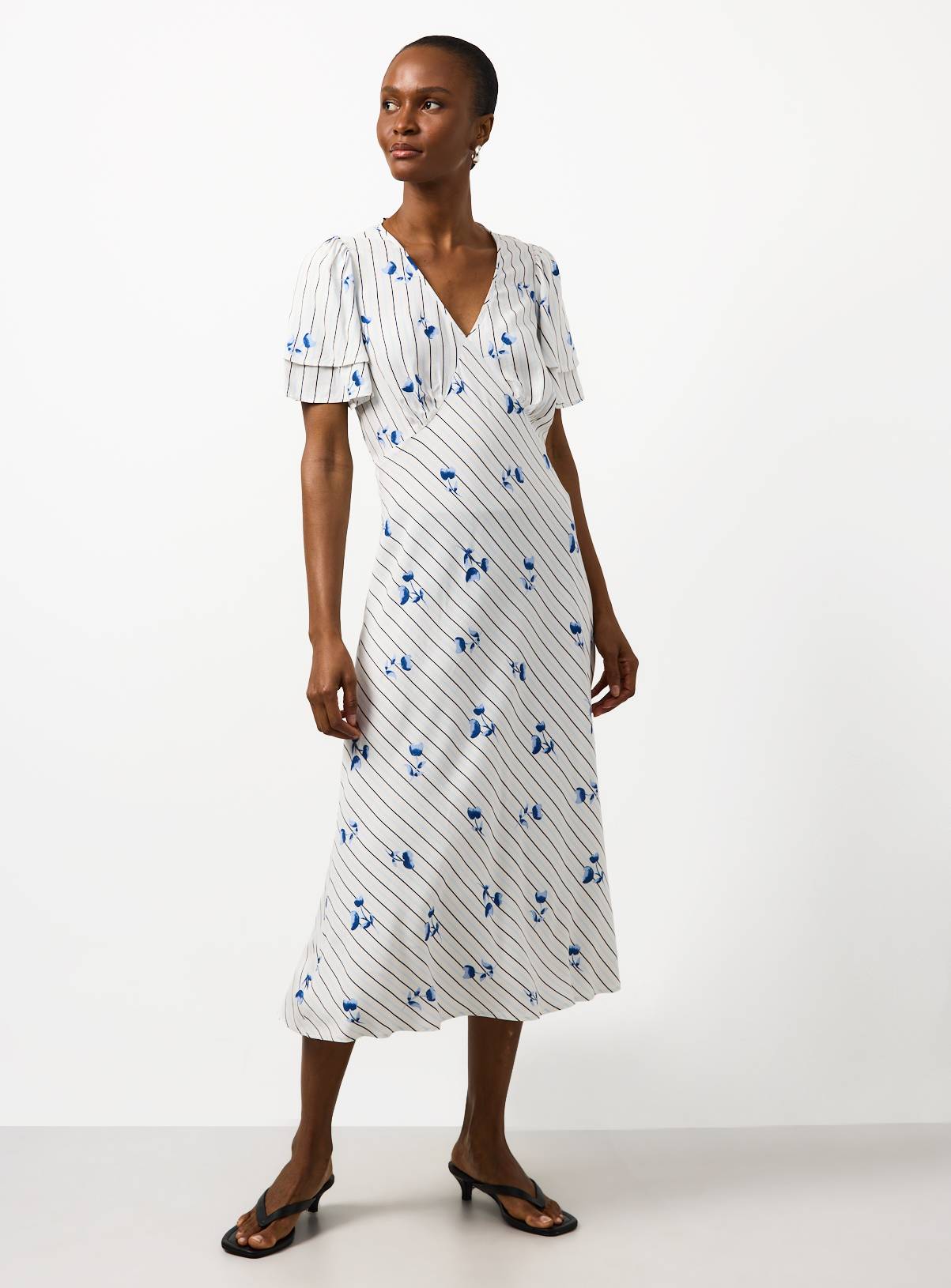 Blue Stripe Floral Print Midaxi Tea Dress 16 - Image 1