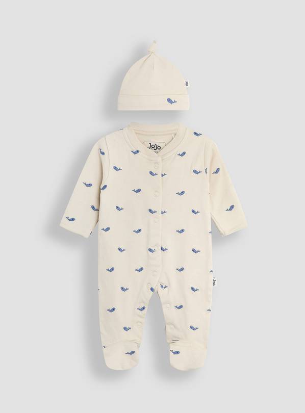 JOJO MAMAN BÉBÉ 2 Pack Embroidered Whale Sleepsuit & Hat Set 9-12 months