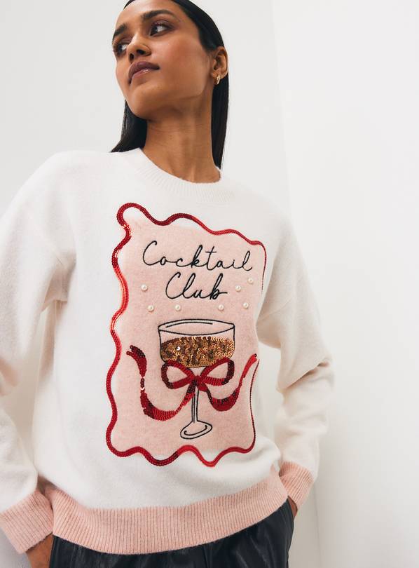 Cream Christmas Cocktail Club Knitted Jumper M