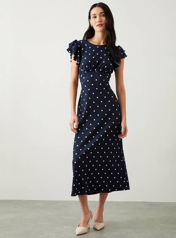 DOROTHY PERKINS Navy Spot Print Ruffle Sleeve Empire Jersey Midi Dress 18