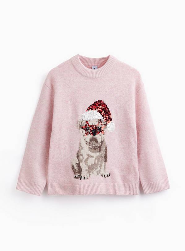Family Matching Pink Sequin Bulldog Christmas Jumper 11 years