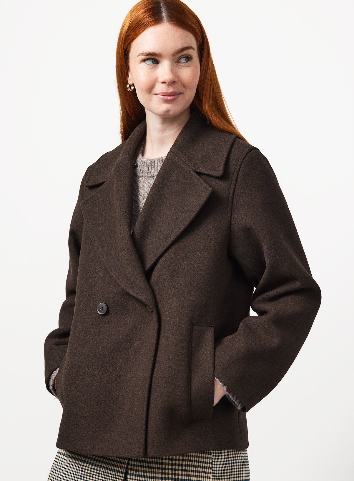 Brown Faux Fur Collar Peacoat L - Image 2 thumbnail