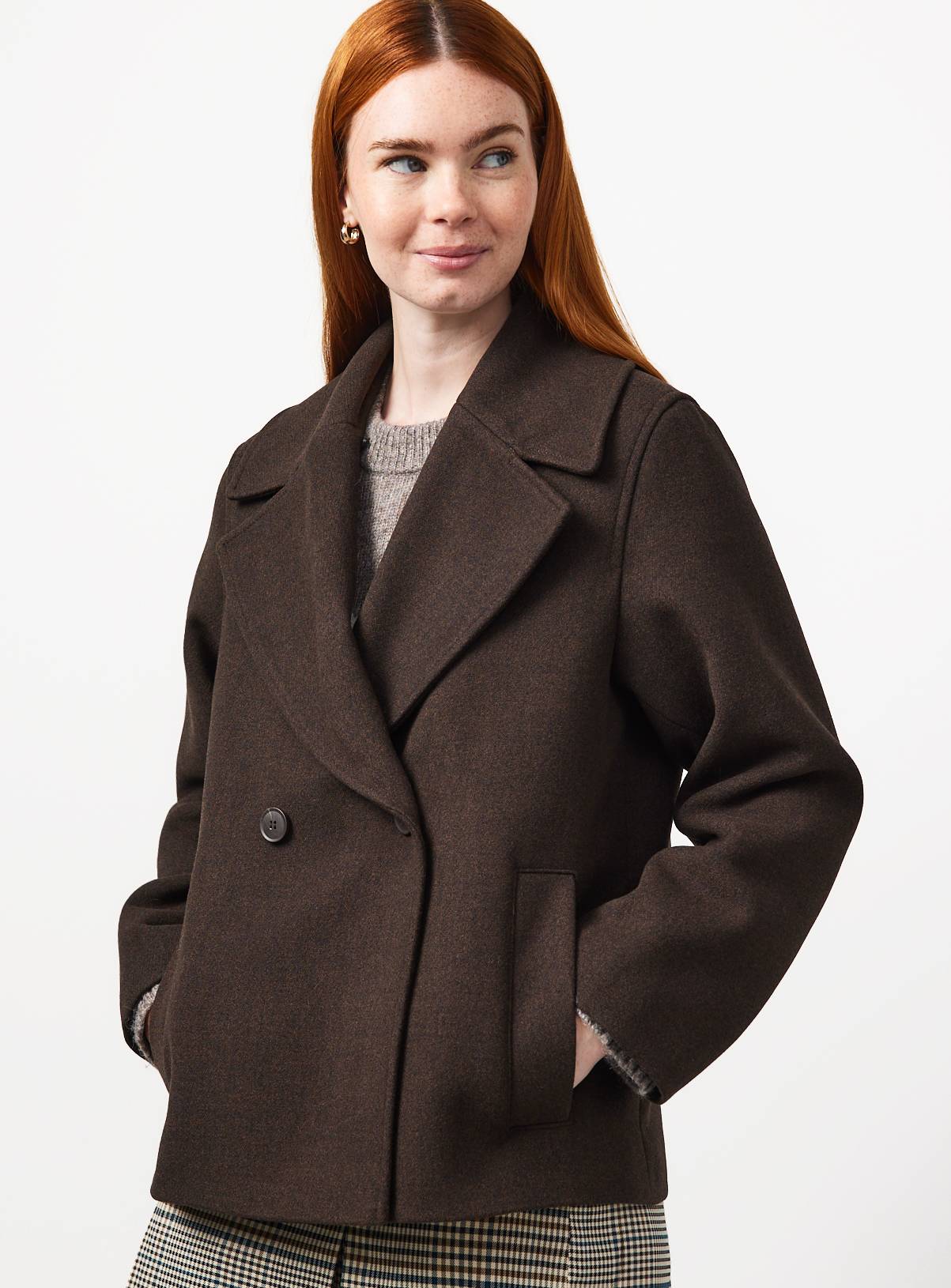 Brown Faux Fur Collar Peacoat L - Image 2