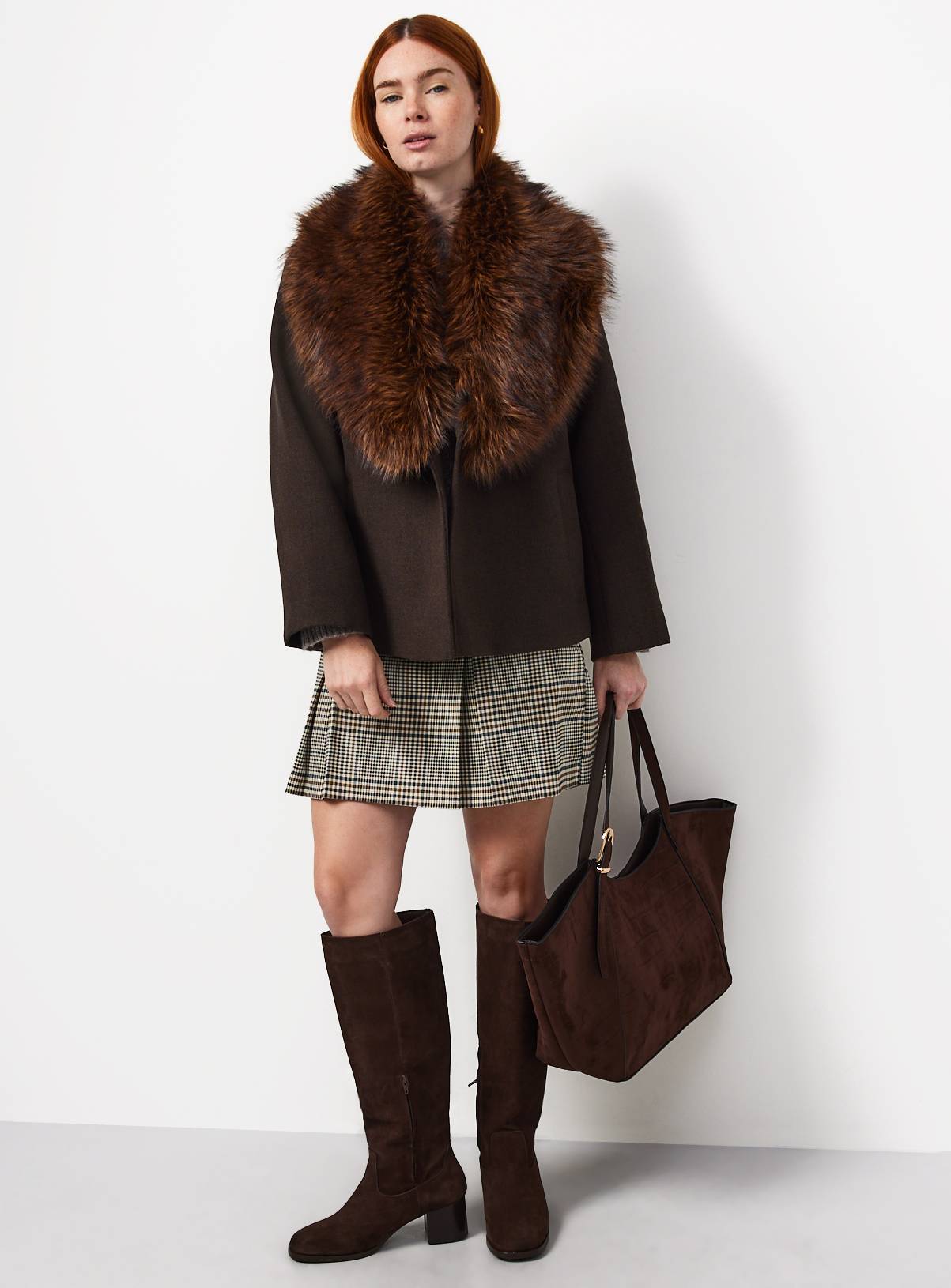 Brown Faux Fur Collar Peacoat L - Image 3