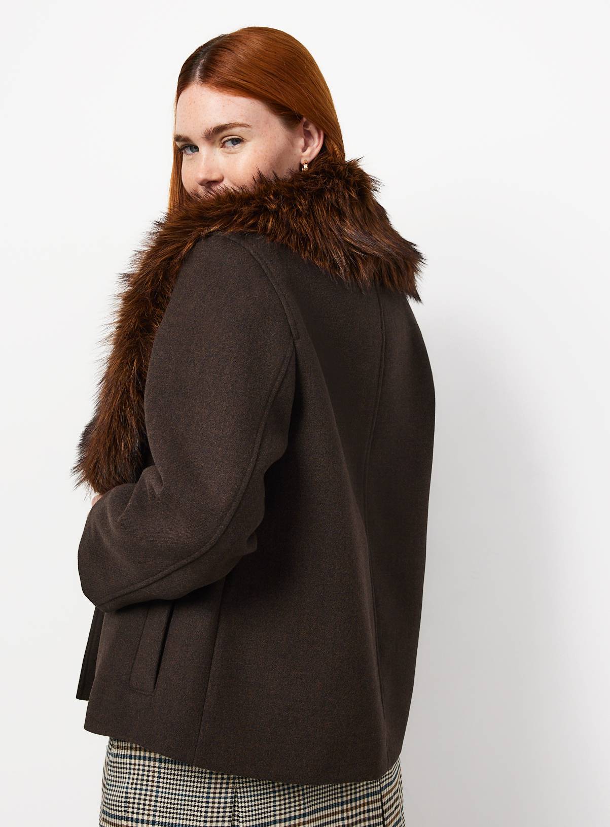 Brown Faux Fur Collar Peacoat L - Image 5